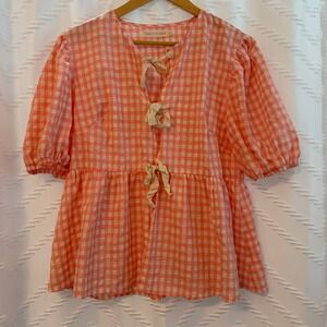 Grace + Emma Pink Gingham Tie Front Babydoll Peplum Puff Sleeve Top Large